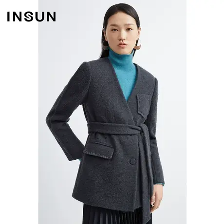 恩裳商场同款2022冬季时尚无领深V设计感保暖绵羊毛毛呢外套图片