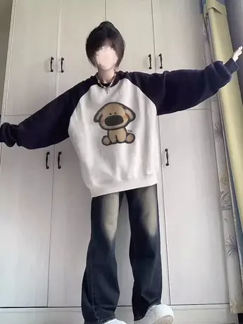 chic卫衣小个子百搭显瘦圆领上衣秋冬加绒ins潮大码港风复古外套图片