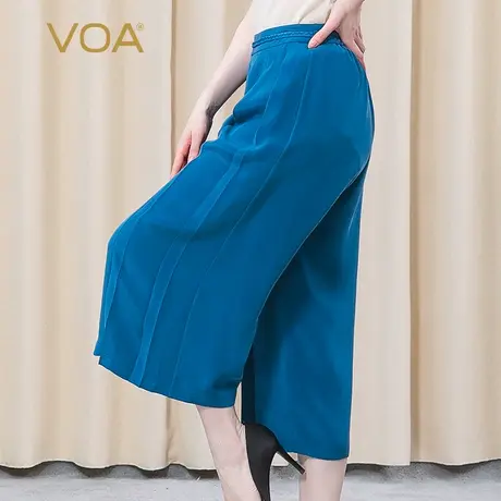 VOA30姆米重磅真丝蓝色麻花装饰松紧腰褶皱宽松透气桑蚕丝阔腿裤图片