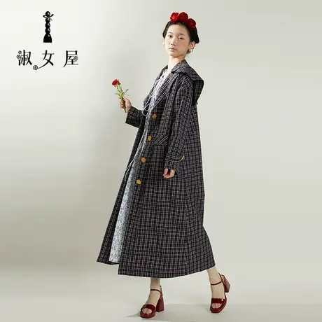 淑女屋春夏新品海军领格子长外套图片