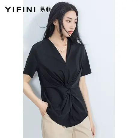 Yifini/易菲时尚百搭短袖V领立体扭结T恤女夏装新款显瘦上衣商品大图