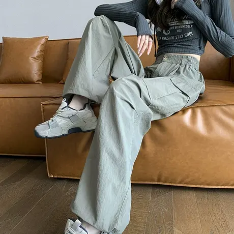 抽绳束脚工装裤女春秋季2024新款高腰阔腿宽松显瘦休闲绿色运动裤商品大图