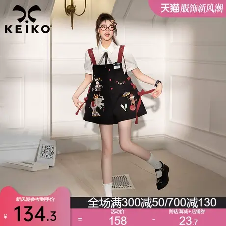 KEIKO 黑色背带牛仔裤夏季美式复古少年感马戏团印花显瘦阔腿短裤图片