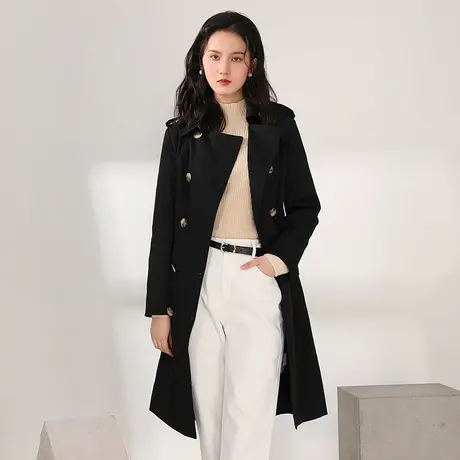 Yifini/易菲韩版气质通勤黑色风衣外套女春秋季新款中长款大衣图片