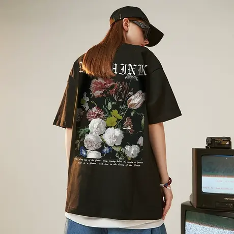 Nuthink美式复古夏季oversize国潮花朵短袖T恤男大码ins潮牌半袖商品大图