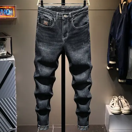 秋冬高端轻奢印花牛仔裤男2021新款ins潮牌韩版弹力修身小脚裤子商品大图