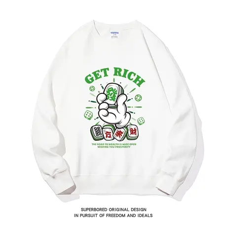 小众设计感国潮复古麻将發財印花卫衣男女秋冬季宽松休闲套头上衣商品大图