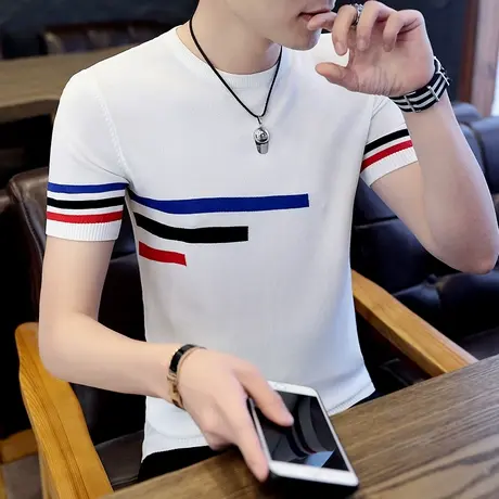 短袖T恤男士夏季韩版修身潮牌冰丝针织衫薄款透气夏装体恤上衣服商品大图