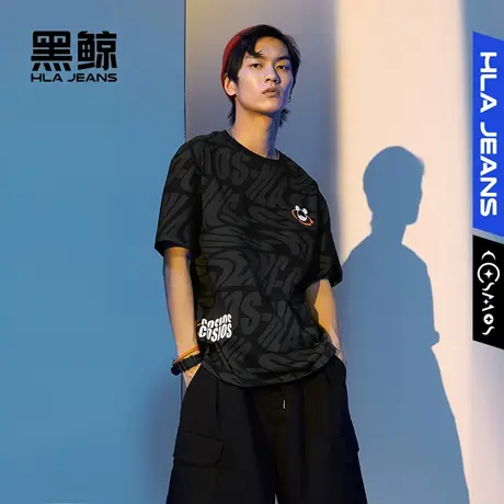 黑鲸HLAJEANS海澜之家旗下潮牌星际熊联名短袖T恤男字母满印短t图片