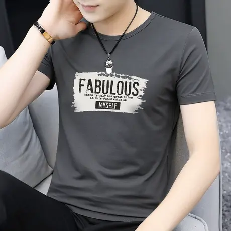 莫代尔夏季t恤男士短袖冰丝凉感透气速干半袖圆领上衣服印花体恤商品大图