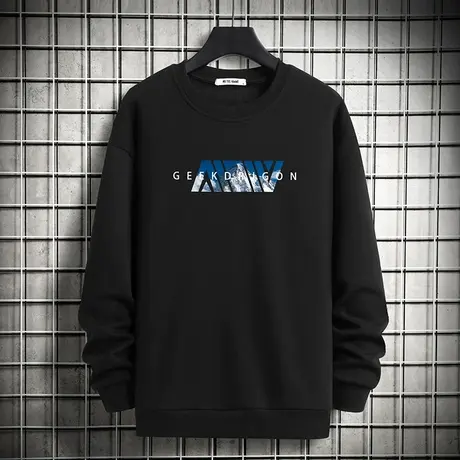 黑色卫衣男潮ins春秋款圆领秋季上衣宽松潮流加绒套头无帽长袖t恤商品大图