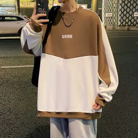 秋季港风圆领卫衣男宽松拼色圆领长袖T恤打底衫潮流男士休闲上衣商品大图