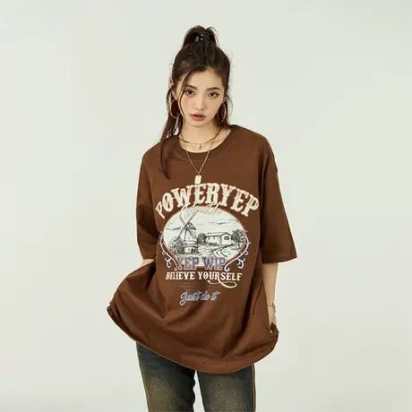 YEP夏季纯棉短袖T恤女2024新款ins潮牌宽松美式复古印花半袖上衣商品大图