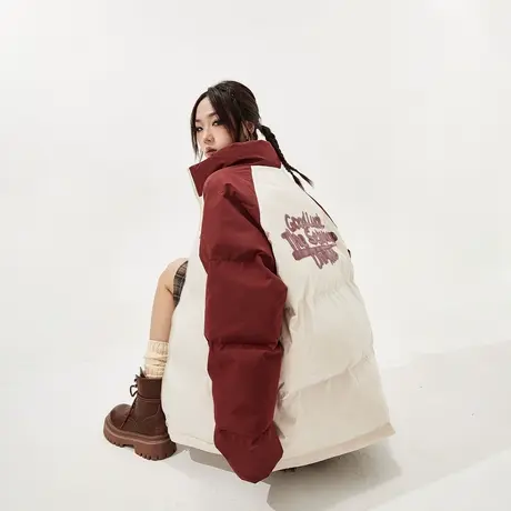 潮牌拼色插肩袖棉服女加厚冬季外套2023年新款面包服复古宽松棉衣商品大图