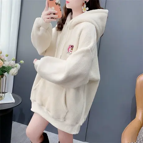 中长款羊羔毛连帽卫衣女秋冬新款宽松设计感加绒加厚刺绣上衣外套图片
