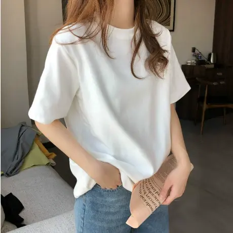 美式短袖T恤女复古圆领宽松春装2023新款小众字母纯色显瘦上衣潮商品大图