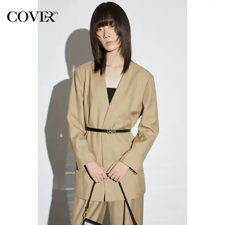 COVER春季醋酸驼色无领落肩西装外套图片