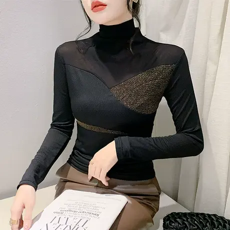 秋冬性感网纱T恤女长袖时尚撞色半高领上衣加绒加厚修身打底衫潮图片