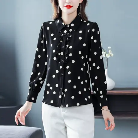 黑色真丝衬衫女秋装女2023年新款高级宽松遮肚子衬衣时尚波点小衫图片