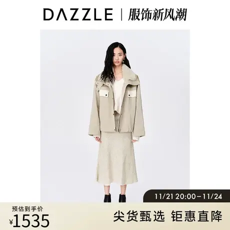 DAZZLE地素奥莱秋冬工装风撞色羊皮毛领棉服外套上衣女图片