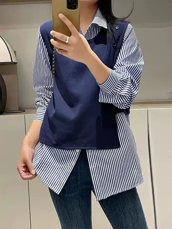 2023春秋时尚针织假两件拼接衬衫女设计感百搭条纹休闲长袖衬衣潮商品大图