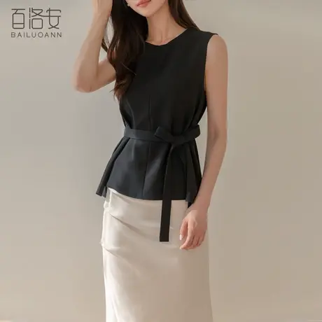 百洛安无袖衬衫女2024夏季新款气质圆领系带收腰衬衣百搭显瘦上衣商品大图