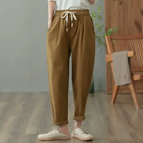dza 高腰显瘦纯棉哈伦裤子女春秋宽松长裤直筒工装裤复古休闲女裤图片