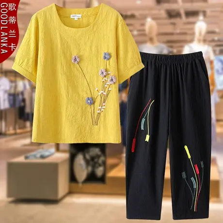 中老年妈妈夏装短袖t恤两件套宽松洋气减龄时尚刺绣上衣棉麻套装商品大图