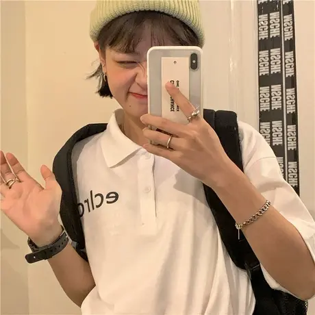 2023夏装新款韩版百搭翻领宽松ins盐系少女字母polo衫短袖T恤女商品大图