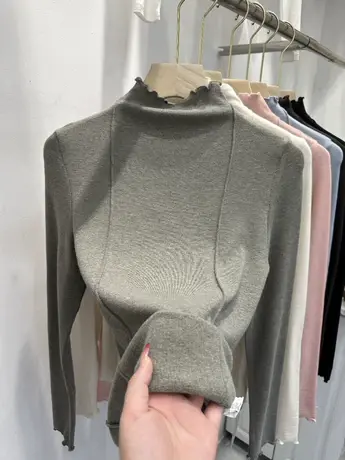 欧货德绒加厚明线打底衫女半高领秋冬装袖口拼接设计感上衣针织衫图片