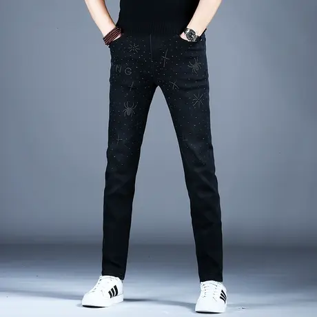 秋冬烫钻黑色牛仔裤男潮牌痞帅炸街男士小脚修身裤子潮流美式高街商品大图