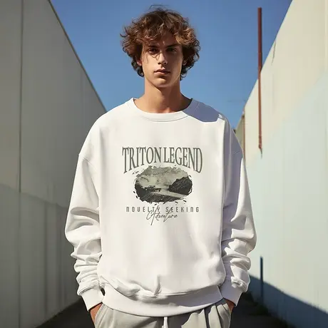 加肥加大码圆领美式重磅复古日系男装情侣宽松白色打底卫衣春秋季商品大图