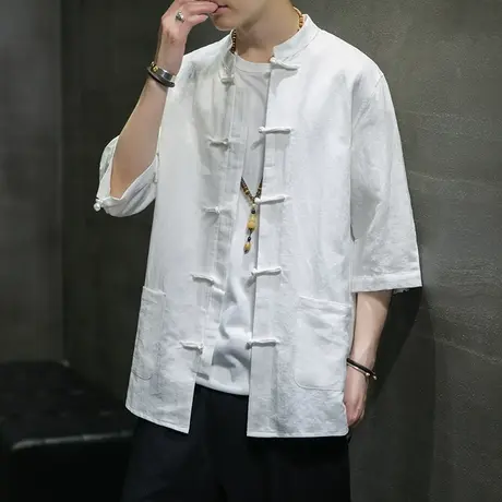 秋季薄款亚麻衬衣七分袖中式盘扣唐装男中国风青年白色衬衫居士服商品大图