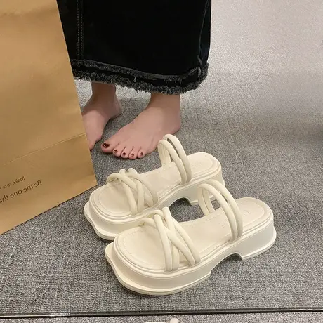 网红粗跟厚底凉拖鞋女2024年夏季新款百搭仙女风松糕一字沙滩拖鞋商品大图
