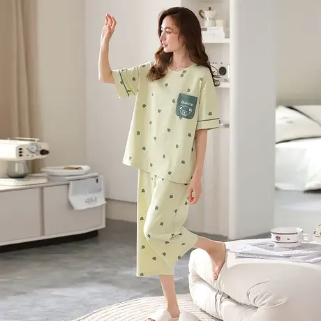 sharefun/霞黛芳纯棉小清新睡衣女宽松七分裤可外穿家居服套装图片