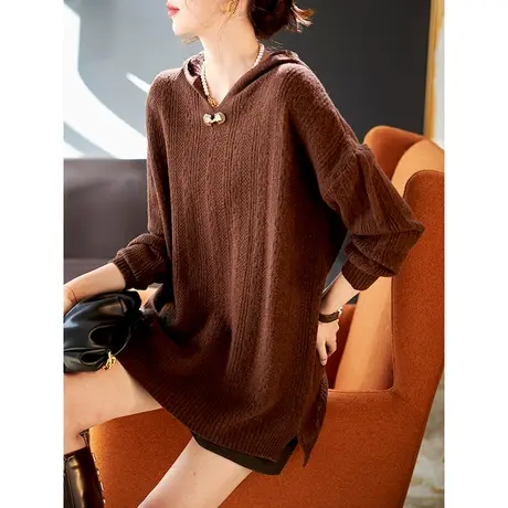 宝诗黎连帽宽松慵懒羊毛衫2024春季新款长袖纯色毛衣女套头针织衫图片