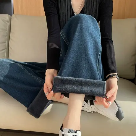窄版直筒牛仔裤女冬季加绒加厚2023新款复古蓝高腰宽松显瘦阔腿裤图片