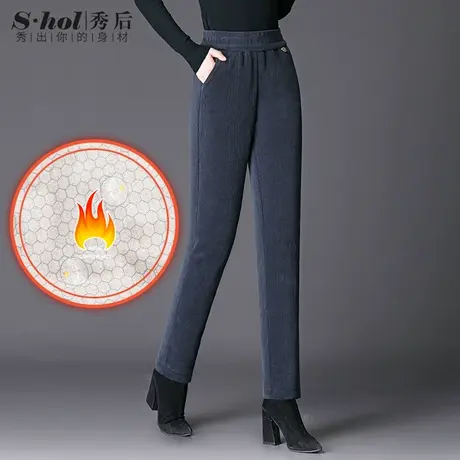 秀后加绒加厚裤子女高腰显瘦哈伦裤中年妈妈保暖宽松长裤图片