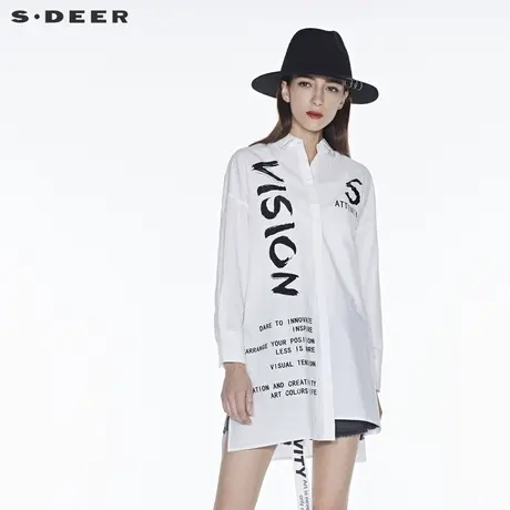 sdeer圣迪奥衬衣女2018新款撞色开衩下摆翻领打底上衣秋S18480571图片