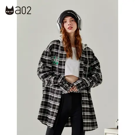 【呼呼严选专享】a02假两件连帽衬衫女2023秋季新款宽松格子衬衫图片