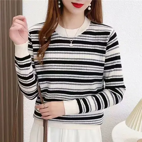 韩版条纹拼色套头毛衣超好看针织内搭2023秋冬季新款加厚打底衫女图片
