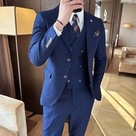 气质儒雅藏青色暗格纹西服男套装商务英伦绅士职业装结婚宴会礼服图片