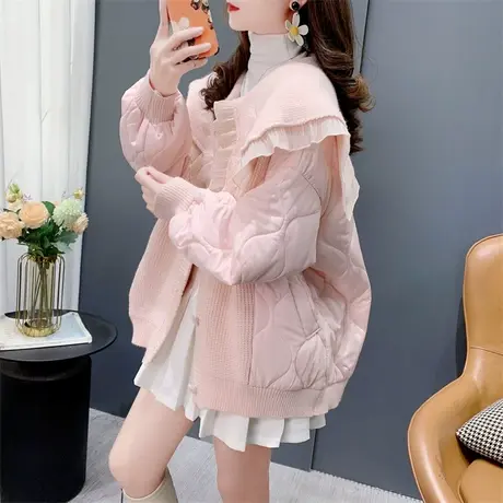 设计感蝴蝶结娃娃领棉服开衫女秋冬2023新款宽松加厚减龄毛衣外套图片