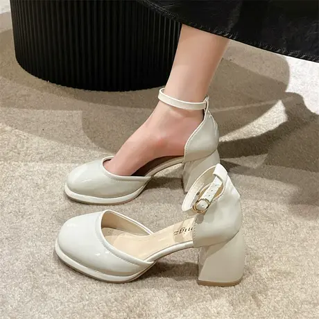 粗跟玛丽珍女鞋2024高跟中空一字扣带单鞋法式凉鞋气质名媛小皮鞋图片