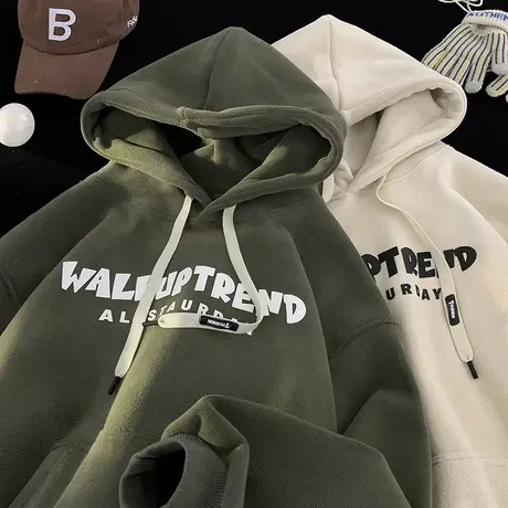 加绒加厚2024美式复古连帽卫衣男春秋季新款oversize外套潮流上衣商品大图