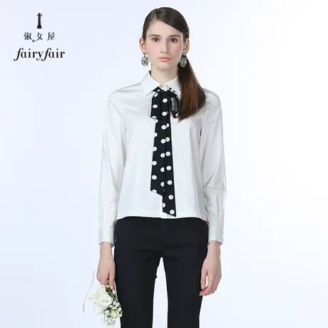 淑女屋职业衬衣女新款飘带时尚气质波点长袖百搭女士白色衬衫图片