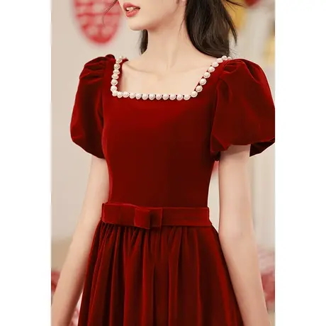 法式敬酒服新娘夏季酒红色小个子结婚订婚回门礼服连衣裙收腰钉珠商品大图