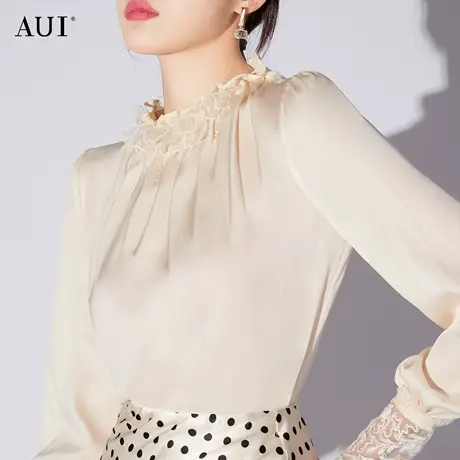 AUI杏色御姐气质真丝衬衫女2023春新款高级上衣设计感灯笼袖衬衣商品大图