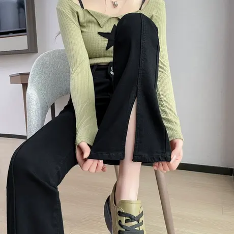 高腰弹力开叉牛仔裤女2024年春秋新款修身显瘦直筒拖地微喇阔腿裤图片