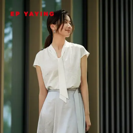 [重磅真丝]EP雅莹女装 暗纹提花蝴蝶结真丝白衬衫2023夏装新2398N图片